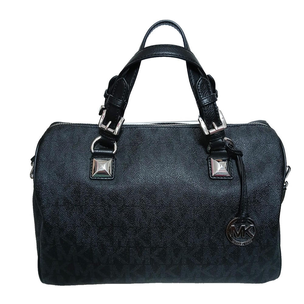 Michael Kors MK Grayson Bowler Logo Monogram Satchel Purse Bag Black Overnight